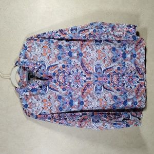 04192 Talbots blue & orange long sleeve button blouse L